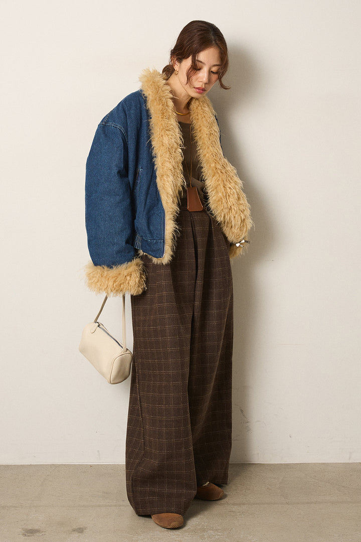 [SET]エコファーデニムボアジャケット+ウールライクチェックタックパンツ(2set)