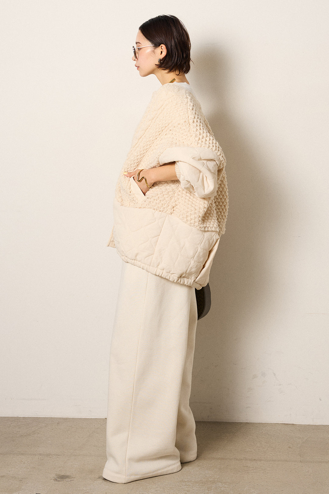 [SET]アラン編みニットノーカラー裾キルティングブルゾン+裏起毛スウェットワイドパンツ(2set)