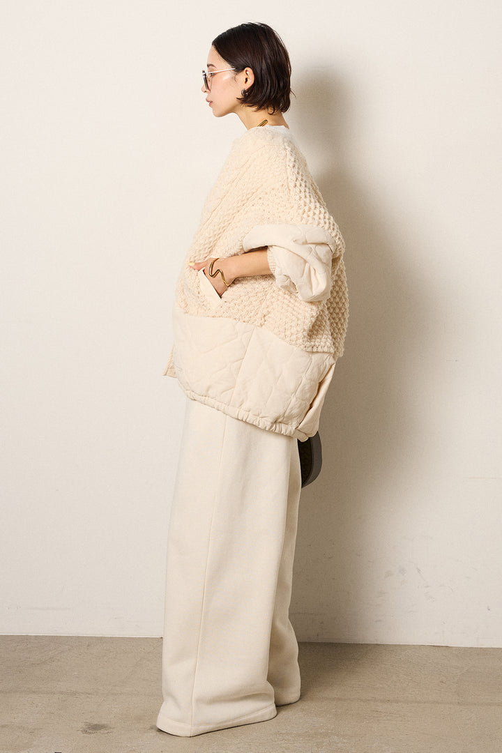 [SET]アラン編みニットノーカラー裾キルティングブルゾン+裏起毛スウェットワイドパンツ(2set)