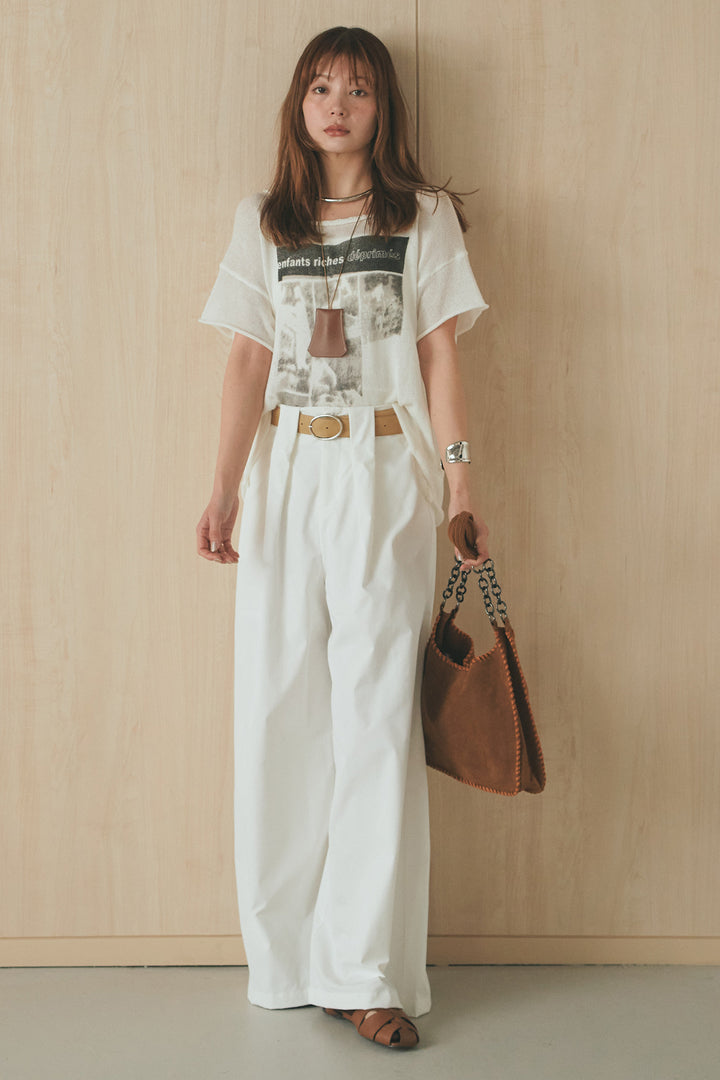 [SET]半袖モノトーングラフィックトップス+ベルトループデザインハイウエストタックパンツ(2set)