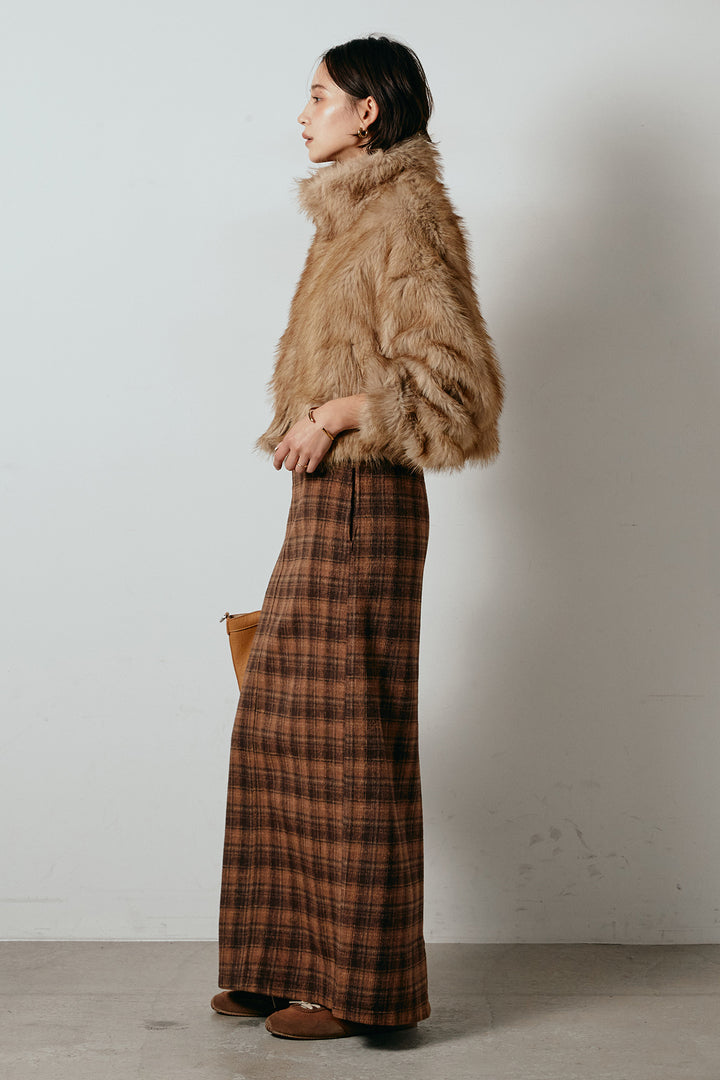 [SET]エコファーショート丈ブルゾン+シャギーチェックストレートスカート(2set)