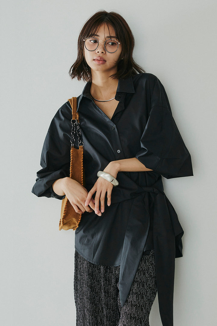 [SET]襟付き巻きデザインシャツ+シアーランダムドットラフパンツ(2set)