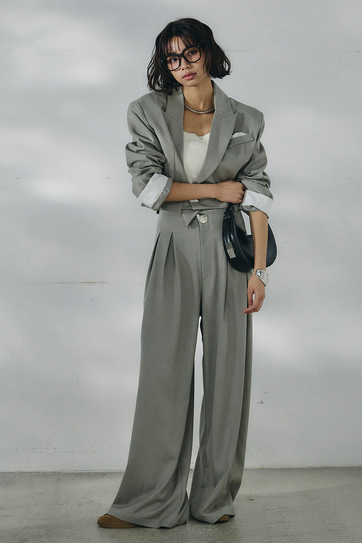 [SET]メタルプレートショート丈ジャケット+メタルプレートタックワイドパンツ(2set)