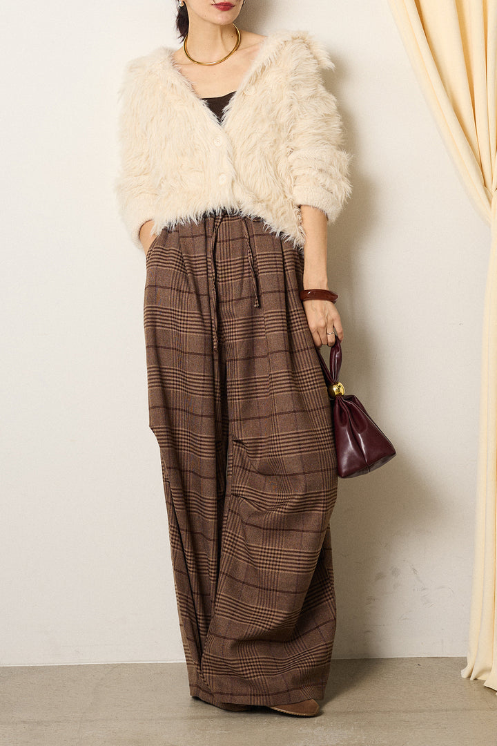 [SET]襟付きシャギーニットカーディガン+グレンチェックルーズタックパンツ(2set)