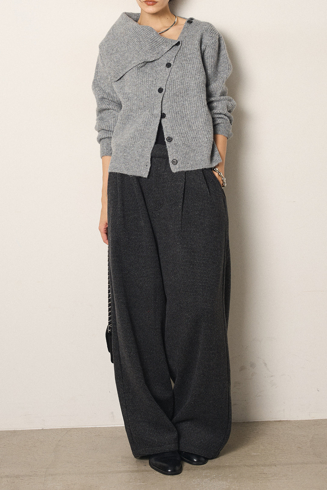 [SET]ボタンデザインネックニットプルオーバー+起毛タック入りツイードワイドパンツ(2set)