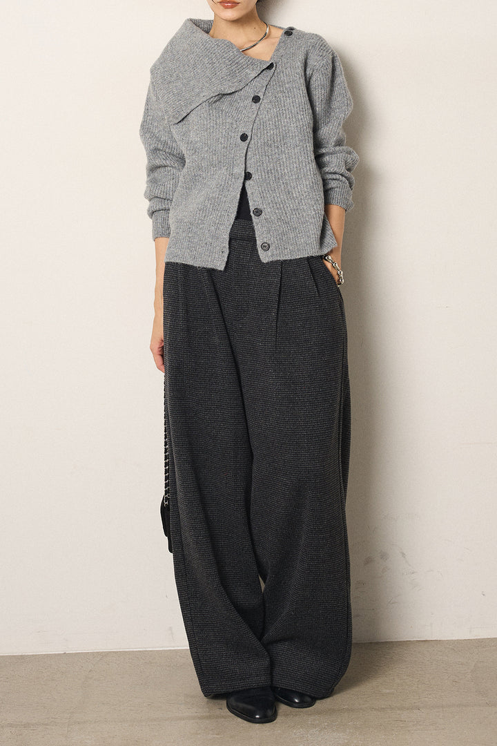 [SET]ボタンデザインネックニットプルオーバー+起毛タック入りツイードワイドパンツ(2set)