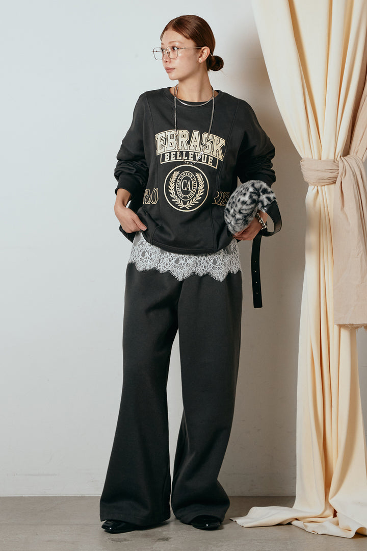[SET]裏毛カレッジプリントプルオーバー+裏起毛スウェットワイドパンツ(2set)