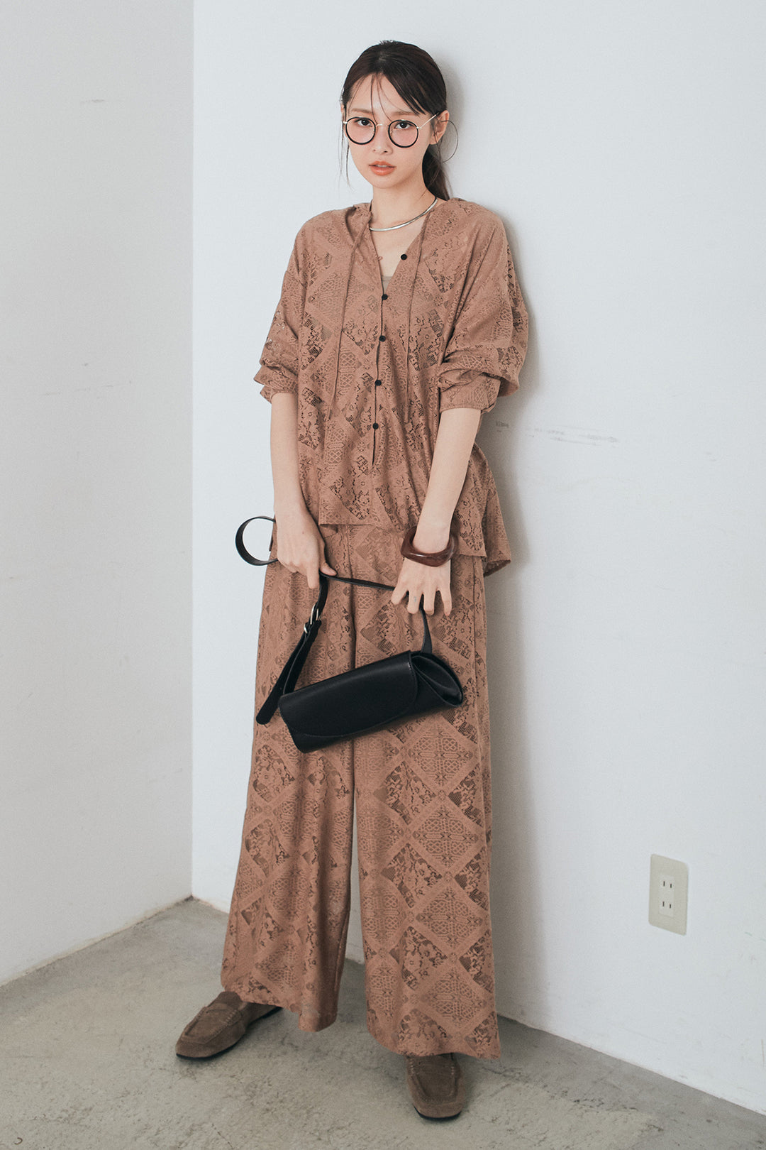 [SET]ブロックレースフード付きブラウス+リラックスブロックレースワイドパンツ(2set)