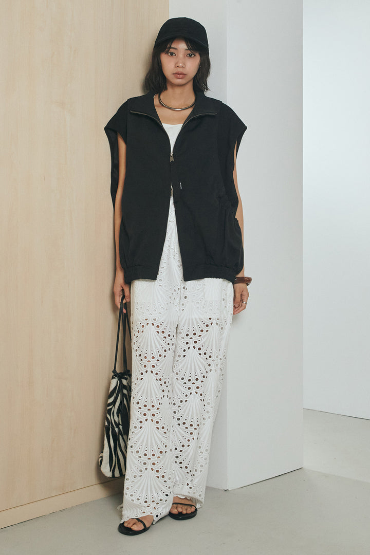 [SET]ショルダー切替スタンドネックジップベスト+レース刺繍リラックスパンツ(2set)