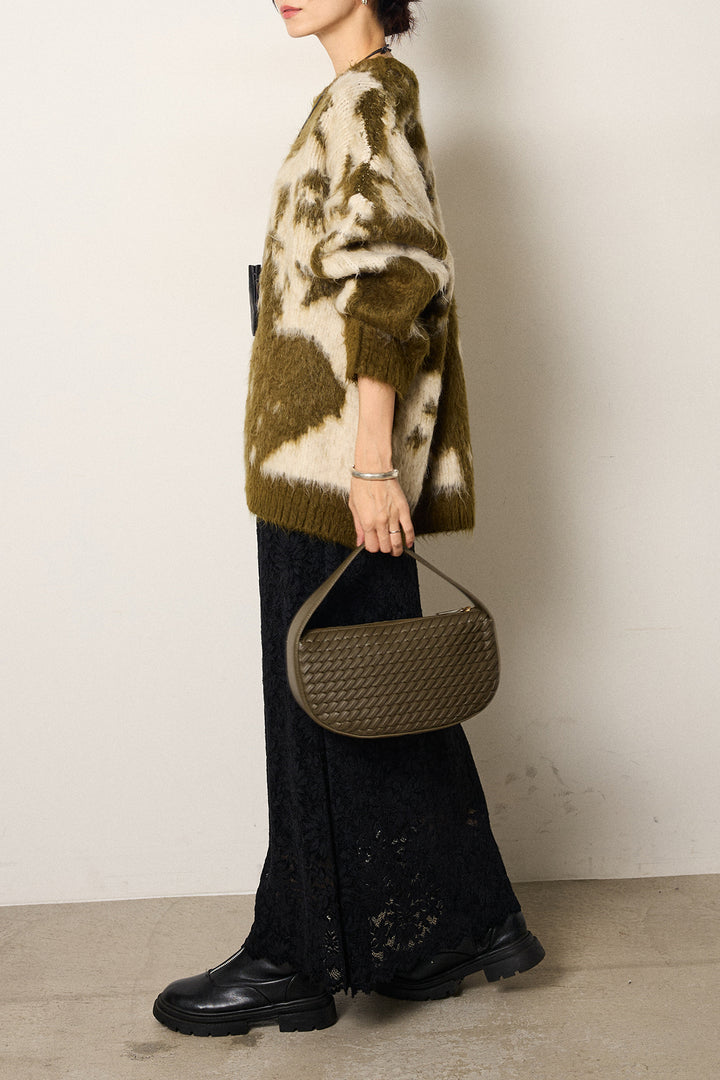 [SET]モヘアタッチマーブルニット+花柄刺繍ベロアフレアスカート(2set)