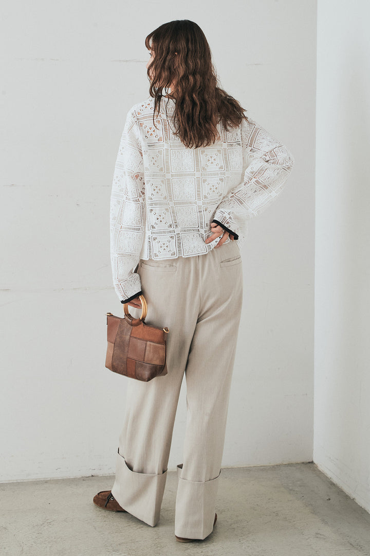 [SET]クロシェレースカーディガン+センタープレスセミワイドパンツ(2set)