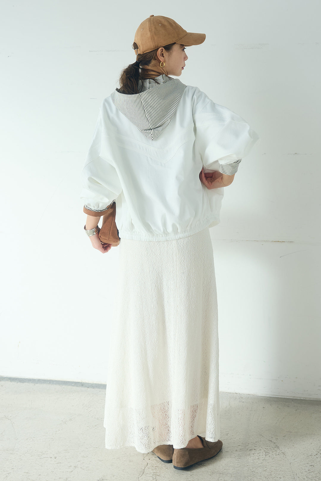 [SET]マルチ切り替えドルマンブルゾン+メッシュ刺繍ロングスカート+ボーダーフーディーロンT(3set)