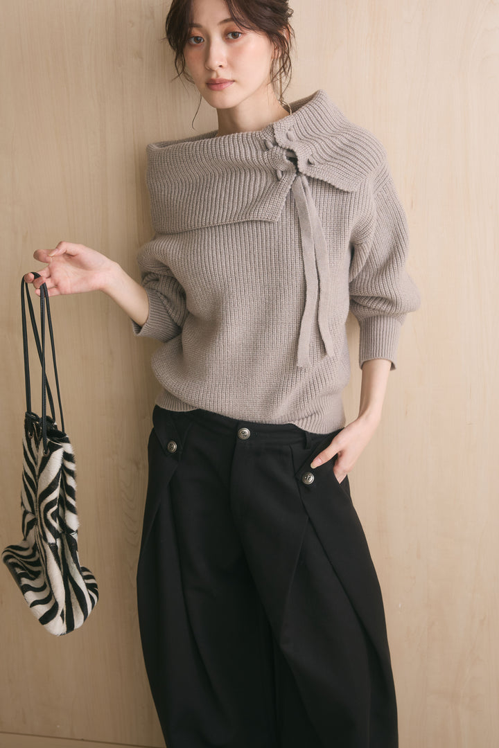 [SET]サイドリボンデザインオフショルニット+サイドボタンタックバレルカーブパンツ(2set)