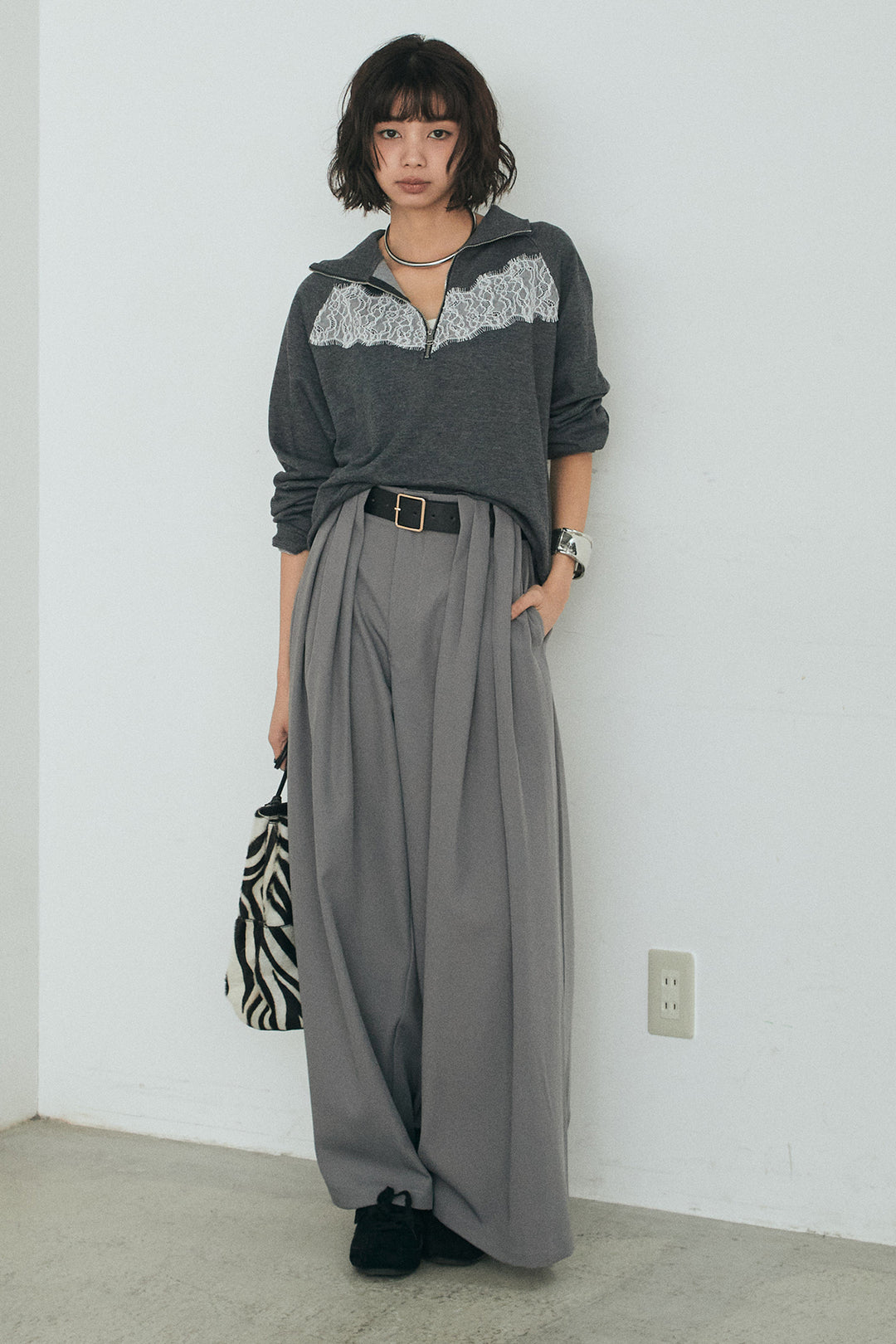 [SET]リバーレースハーフジップ裏毛スウェット+ベルト付きタックデザインハイウエストロングパンツ(2set)
