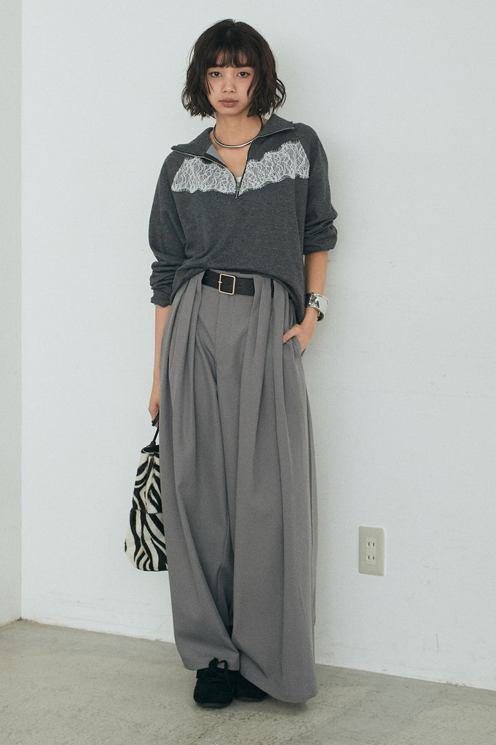 [SET]リバーレースハーフジップ裏毛スウェット+ベルト付きタックデザインハイウエストロングパンツ(2set)