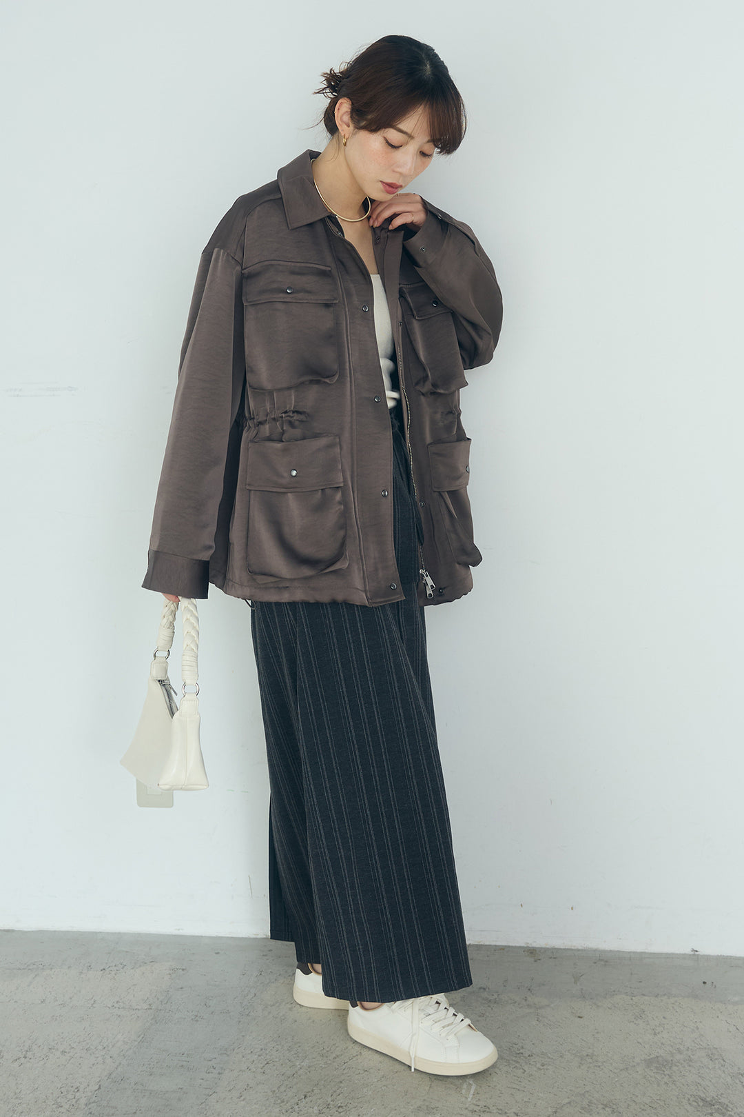 [SET]サテンライトブルゾン+ラップ巻きピンストライプワイドスカート(2set)