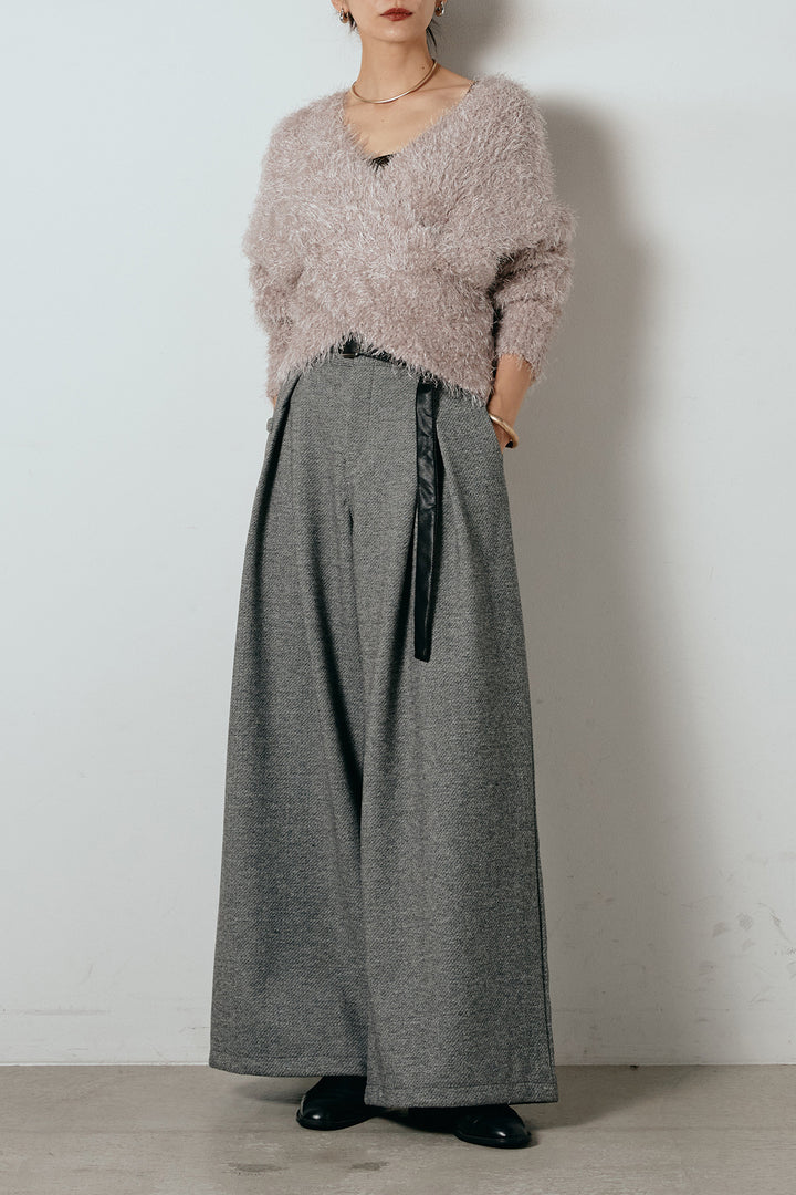 [SET]シャギークロスニットトップス+細ベルト付き起毛タックワイドパンツ(2set)