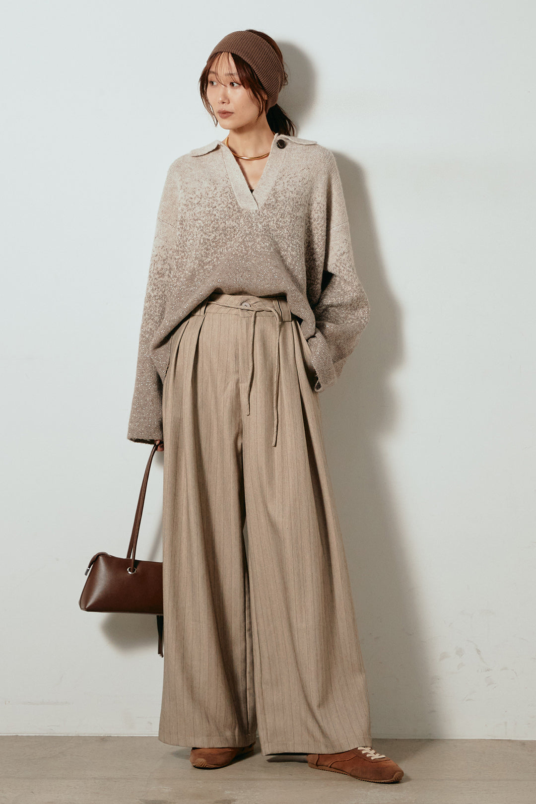 [SET]グラデーションラメニットキーネックプルオーバー+ストライプヘリンボーンパンツ(2set)