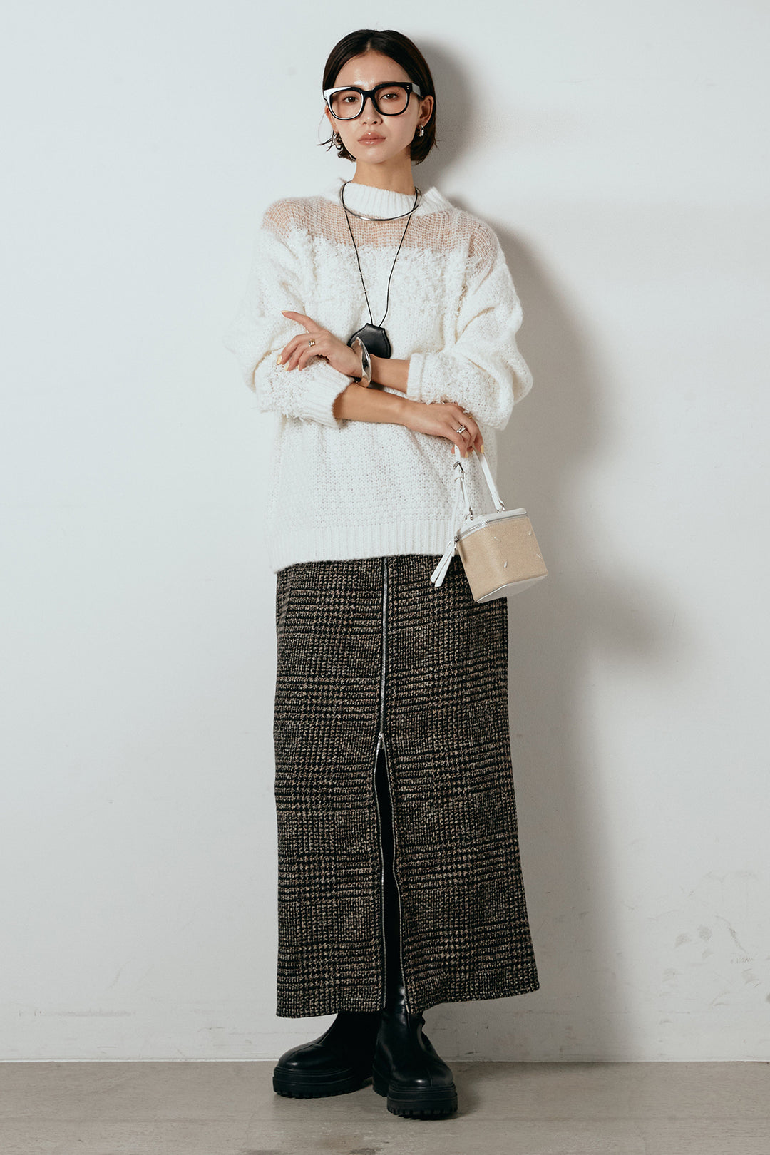 [SET]パターンランダム編みニットトップス+グレンチェック柄フロントジップタイトスカート(2set)