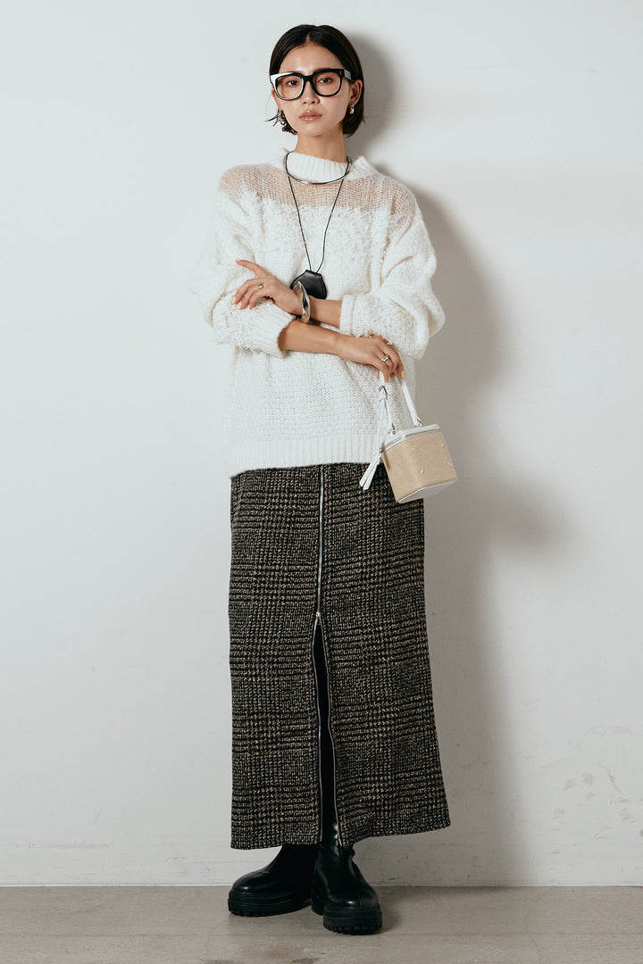 [SET]パターンランダム編みニットトップス+グレンチェック柄フロントジップタイトスカート(2set)