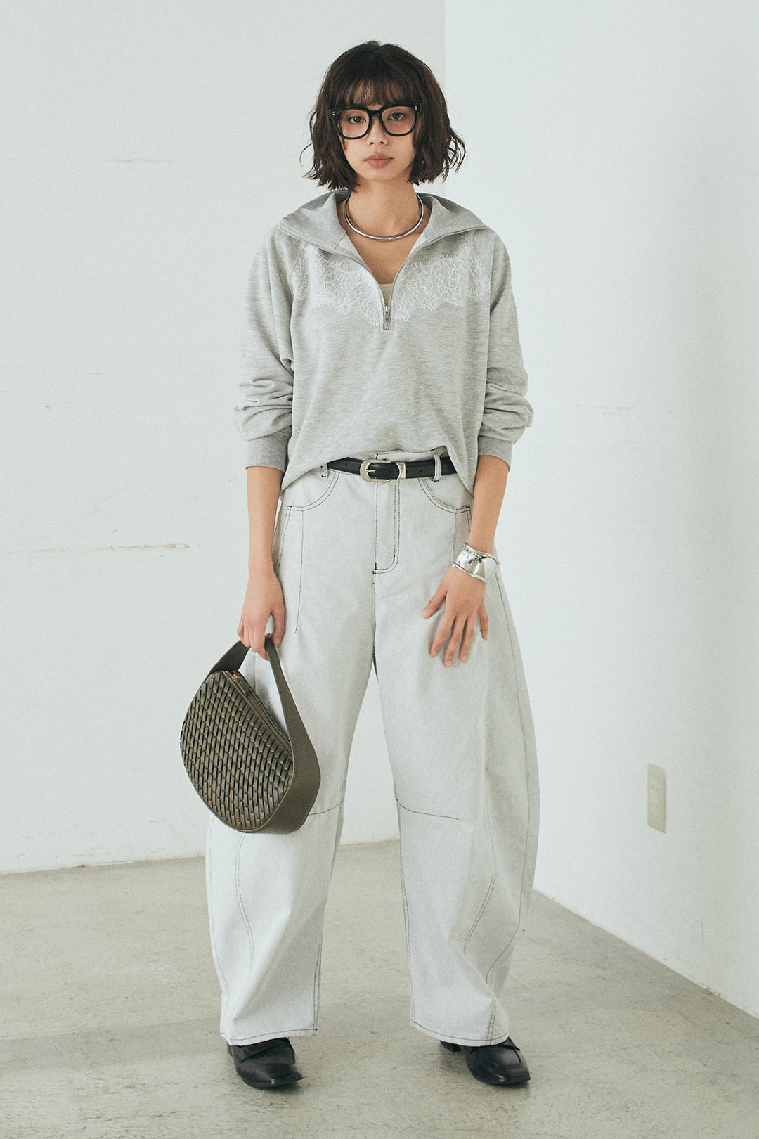 [SET]リバーレースハーフジップ裏毛スウェット+ツイル配色ステッチバレルパンツ(2set)