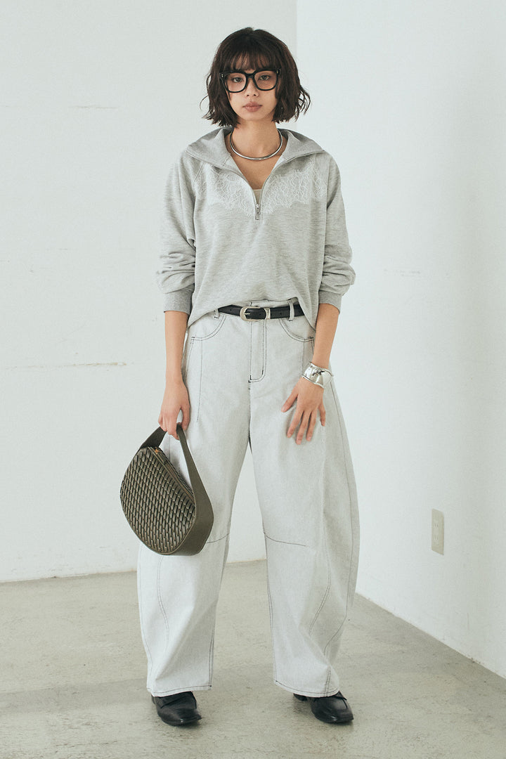 [SET]リバーレースハーフジップ裏毛スウェット+ツイル配色ステッチバレルパンツ(2set)