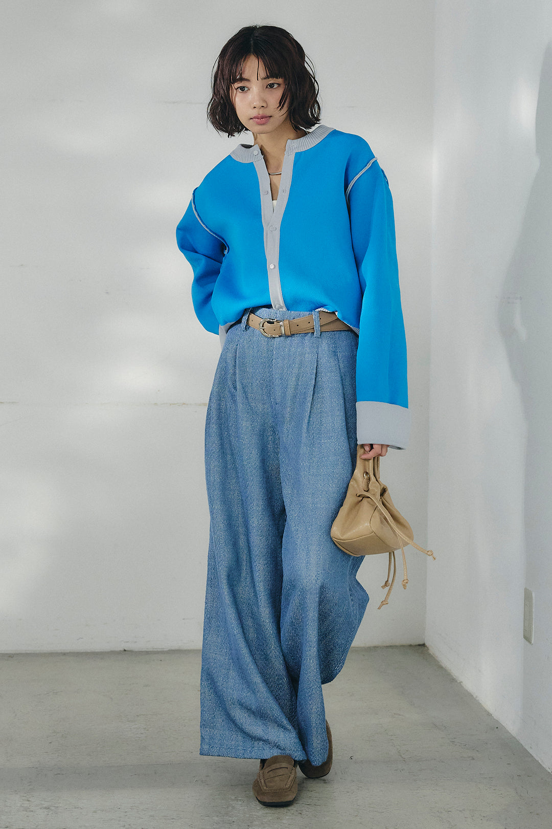 [SET]リバーシブル配色ニットカーディガン+デニムライクヘリンボーンタックパンツ(2set)