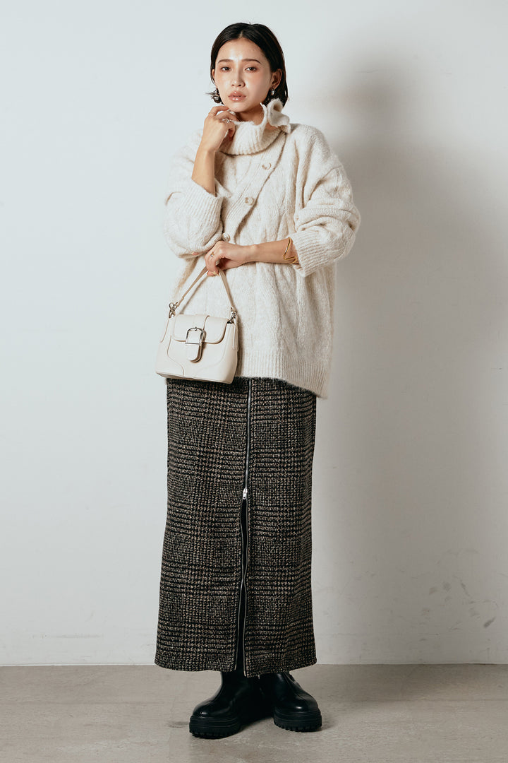 [SET]ケープデザインケーブルニットトップス+グレンチェック柄フロントジップタイトスカート(2set)