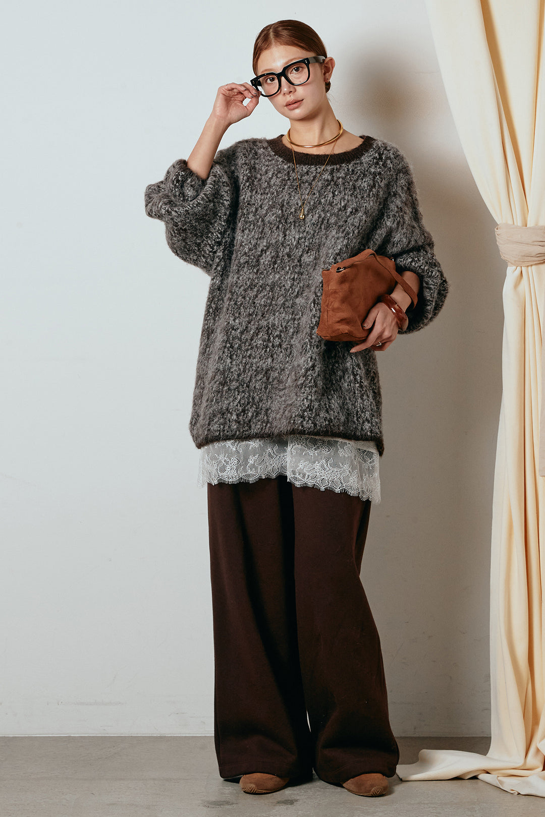 [SET]ボリュームスリーブミックスニットトップス+裏起毛スウェットワイドパンツ(2set)