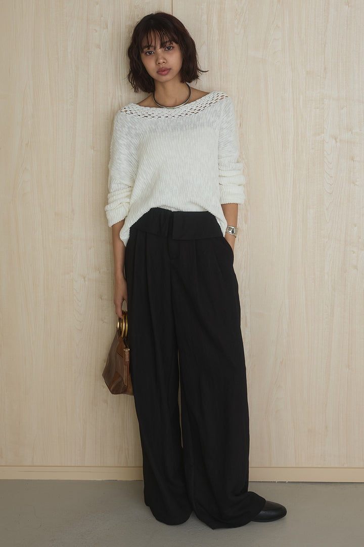 [SET]ネック編みデザインニットトップス+ウエスト折り返しワイドパンツ(2set)