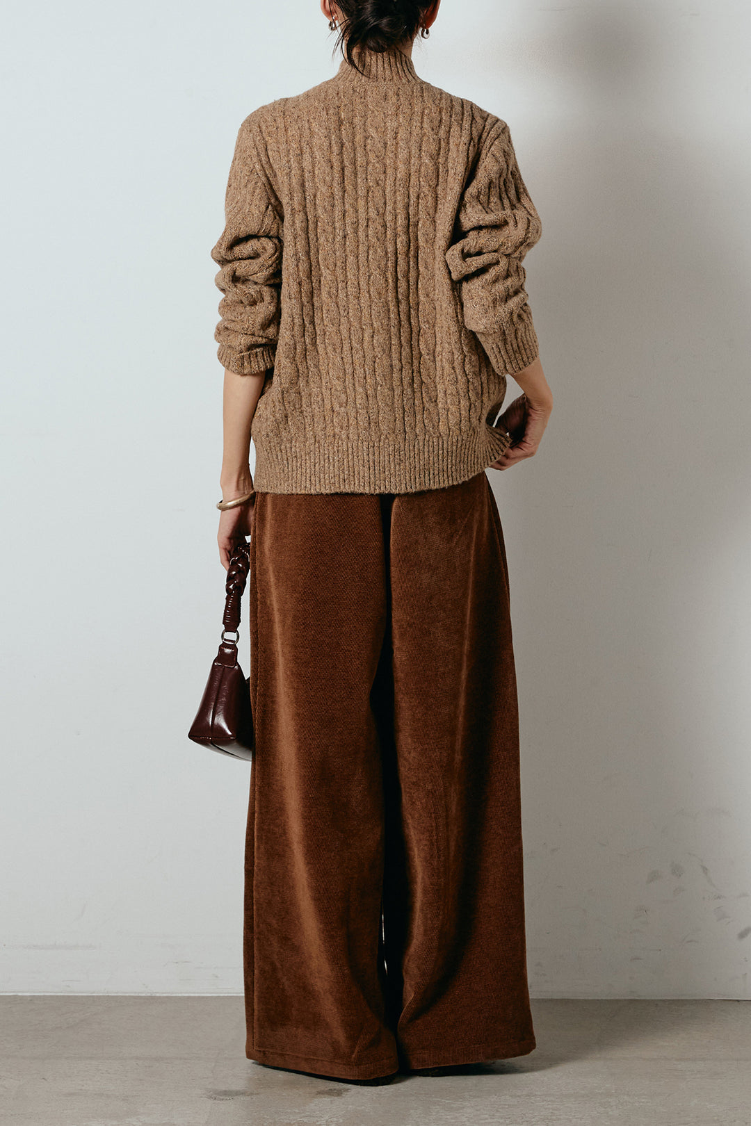 [SET]ボトルネックケーブルニットカーディガン+ベルトループコーデュロイワイドパンツ(2set)