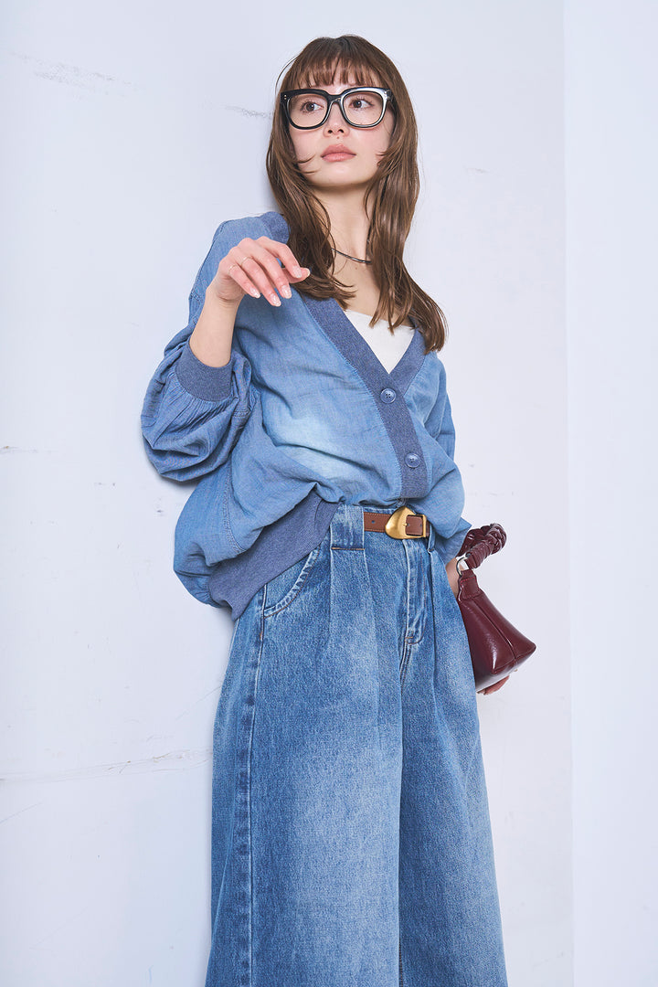 [SET]シアーデニムカーディガン+ベルトループワイドタックデニムパンツ(2set)