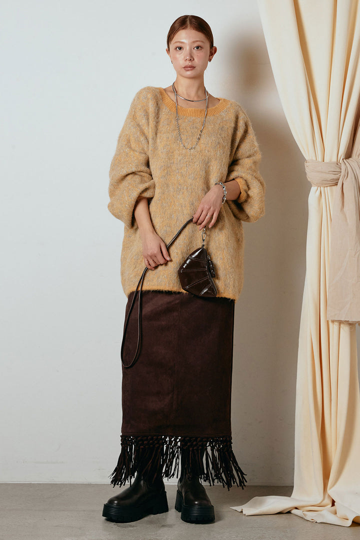 [SET]ボリュームスリーブミックスニットトップス+スウェードライク裾フリンジスカート(2set)