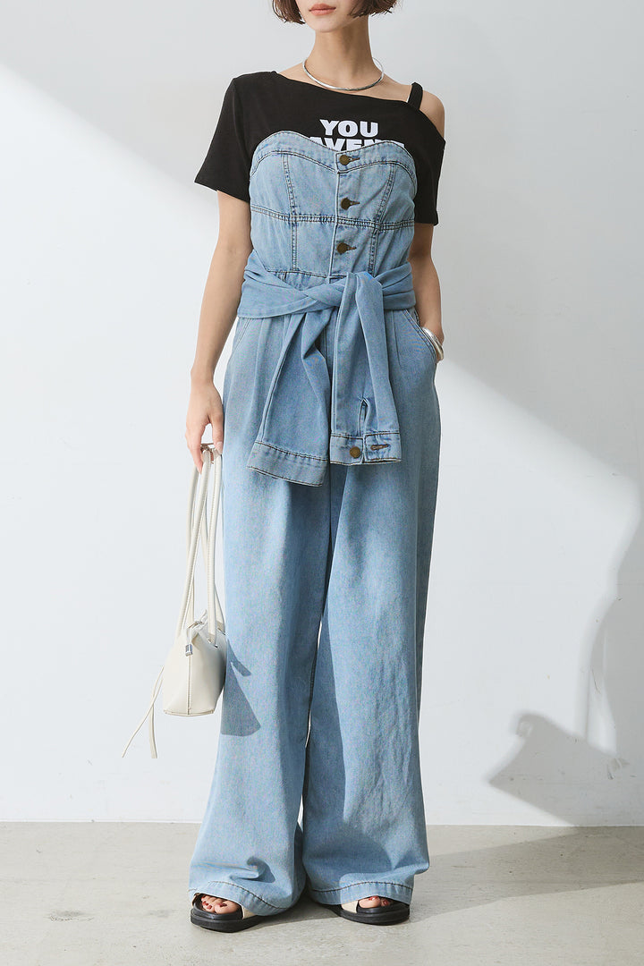 [SET]テキストロゴワンショルTシャツ+2WAYデニムベアサロペット(2set)