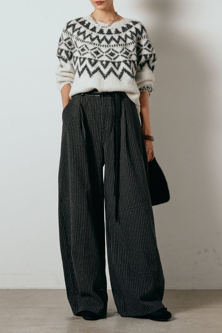 [SET]ノルディック柄Uネックプルオーバー+レザーライク配色ストライプパンツ(2set)