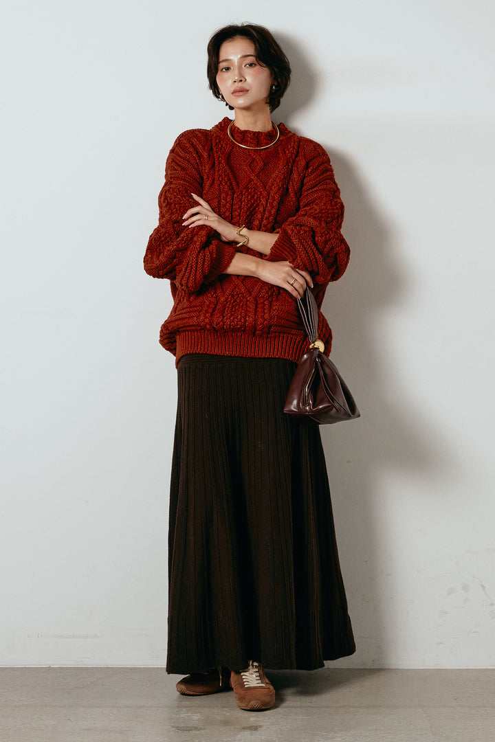 [SET]アラン柄ミックスケーブルニット+編み地切り替えフレアニットスカート(2set)