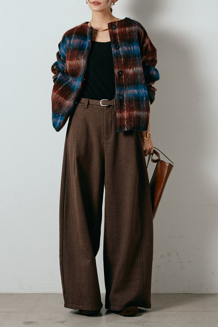 [SET]ノーカラーシャギーチェックアウター+ポーチベルト付きカーブパンツ(2set)