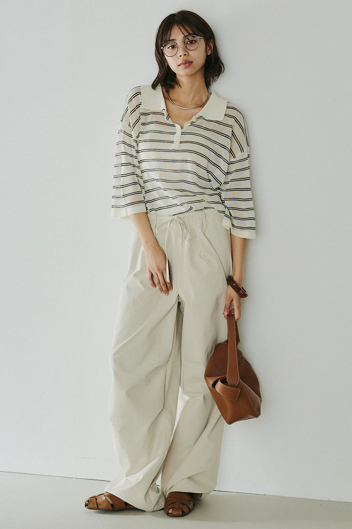 [SET]ボーダーニットポロシャツ+ニーサイドタックウエストドロスパンツ(2set)