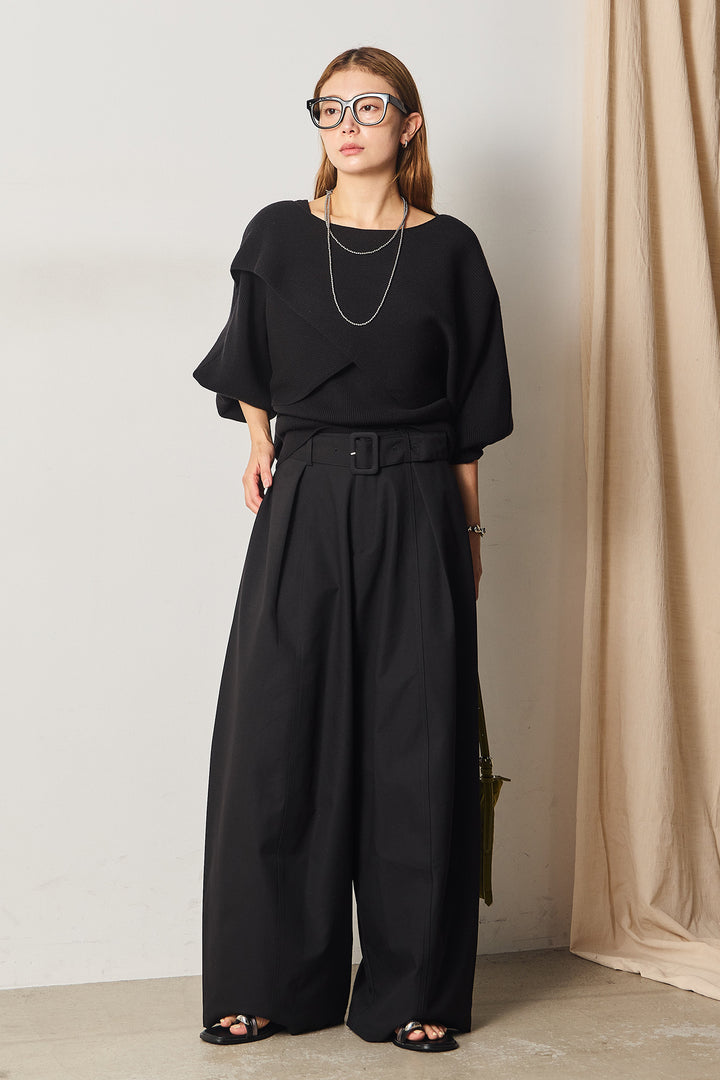 [SET]タンク付きクロスデザインニットプルオーバー+太ベルト付きタックワイドパンツ(2set)