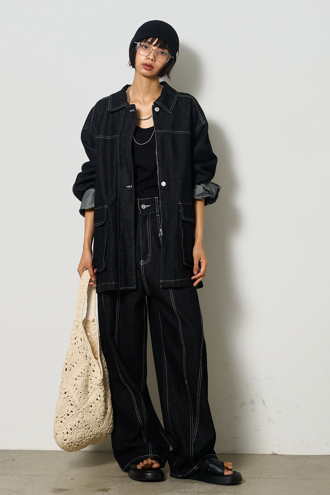 【即納】ステッチデザインデニムジップジャケット