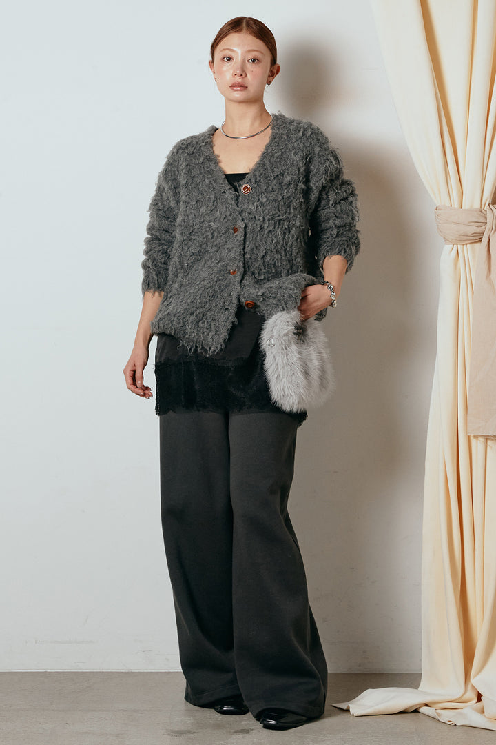 [SET]ルーズシャギーニットカーディガン+裏起毛スウェットワイドパンツ+レース切り替えキャミソール(3set)