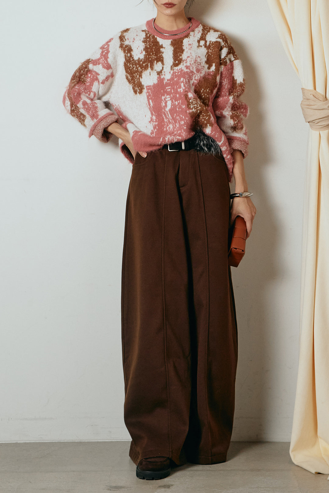 [SET]起毛ニュアンス柄ニットプルオーバー+ファーベルト付きワイドパンツ(2set)