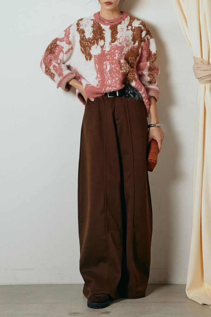 [SET]起毛ニュアンス柄ニットプルオーバー+ファーベルト付きワイドパンツ(2set)
