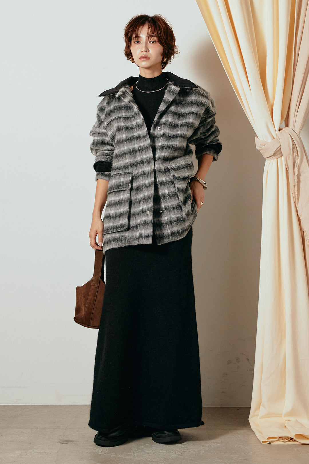 [SET]チェックシャギーミドルカバーオール+ノースリーブニットロングワンピース(2set)