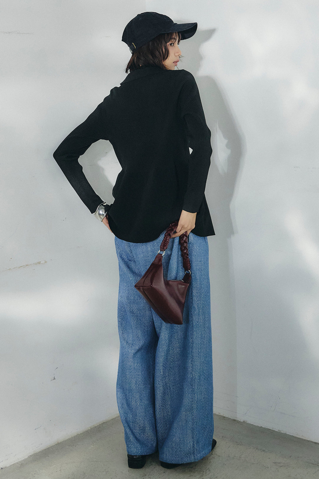 [SET]スキッパーペプラムニット+デニムライクヘリンボーンタックパンツ(2set)