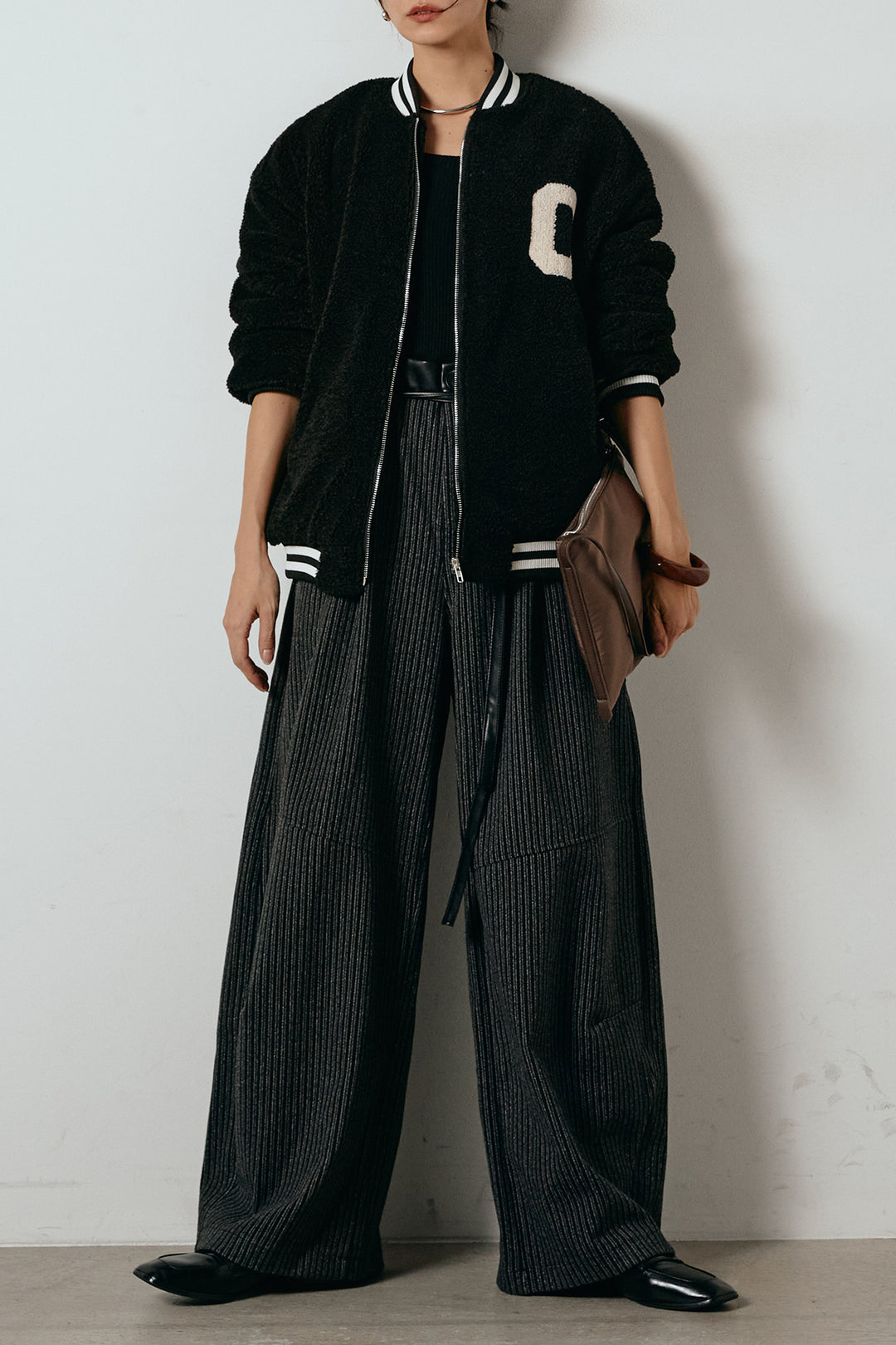 [SET]ロゴスタジャンボアブルゾン+レザーライク配色ストライプパンツ(2set)