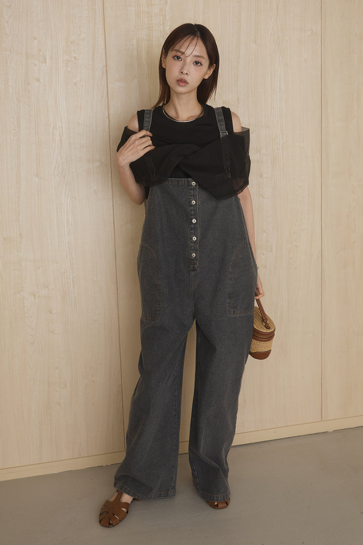 [SET]シアーレイヤーデザインカットソー+フロントボタンデニムサロペット(2set)