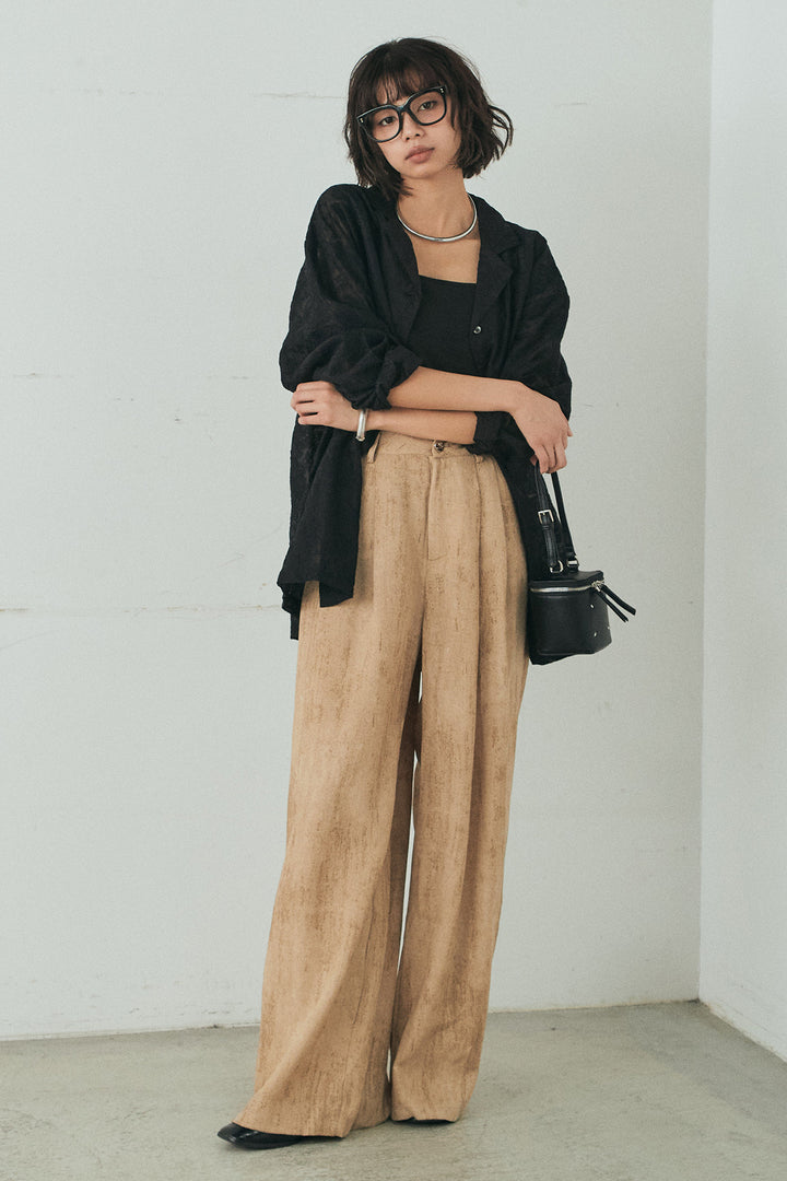 [SET]刺繍シアーオープンカラーシャツ+リネン混かすれ柄ワイドパンツ(2set)