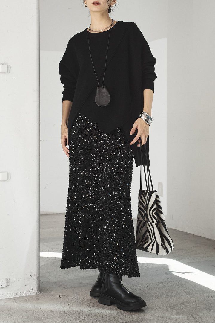 [SET]アシンメトリーデザインニットトップス+スパンコールニットワイドスカート(2set)