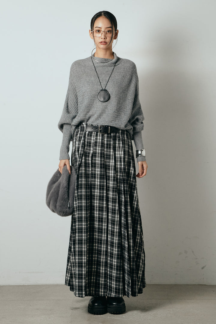 [SET]ポンチョシルエット透かしニットトップス+ベルト付きタータンチェックプリーツスカート(2set)
